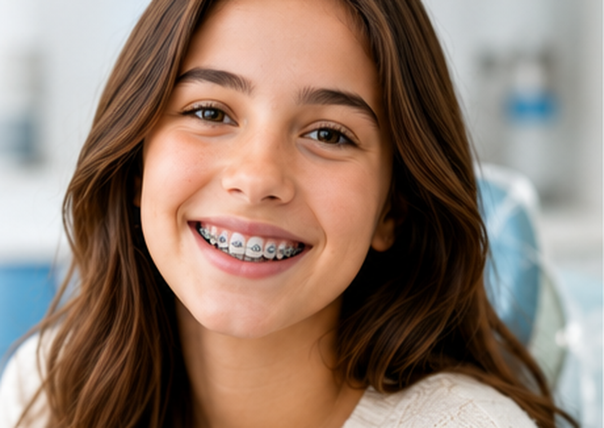 Smiling teen patient wearing braces in a bright orthodontic office